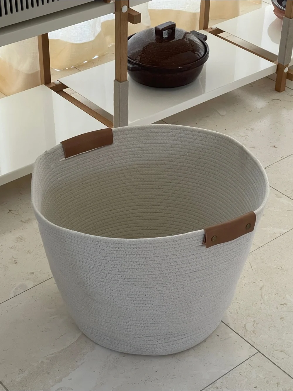 Home Accents white Rope Basket with Brown Leather Handles